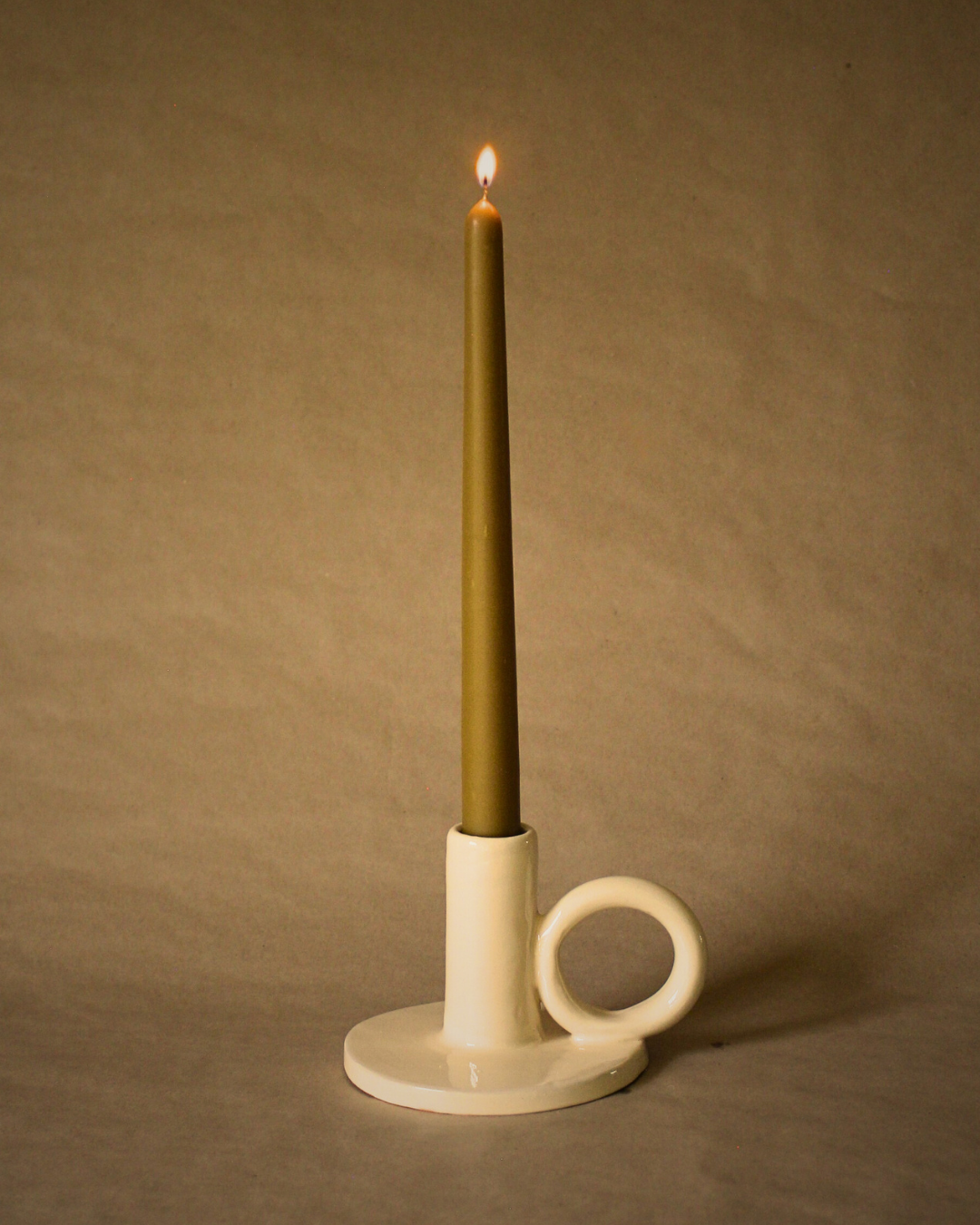 Contemporary Glazed Terracotta Taper Candle Holder with Ring Handle