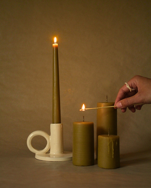 Contemporary Glazed Terracotta Taper Candle Holder with Ring Handle