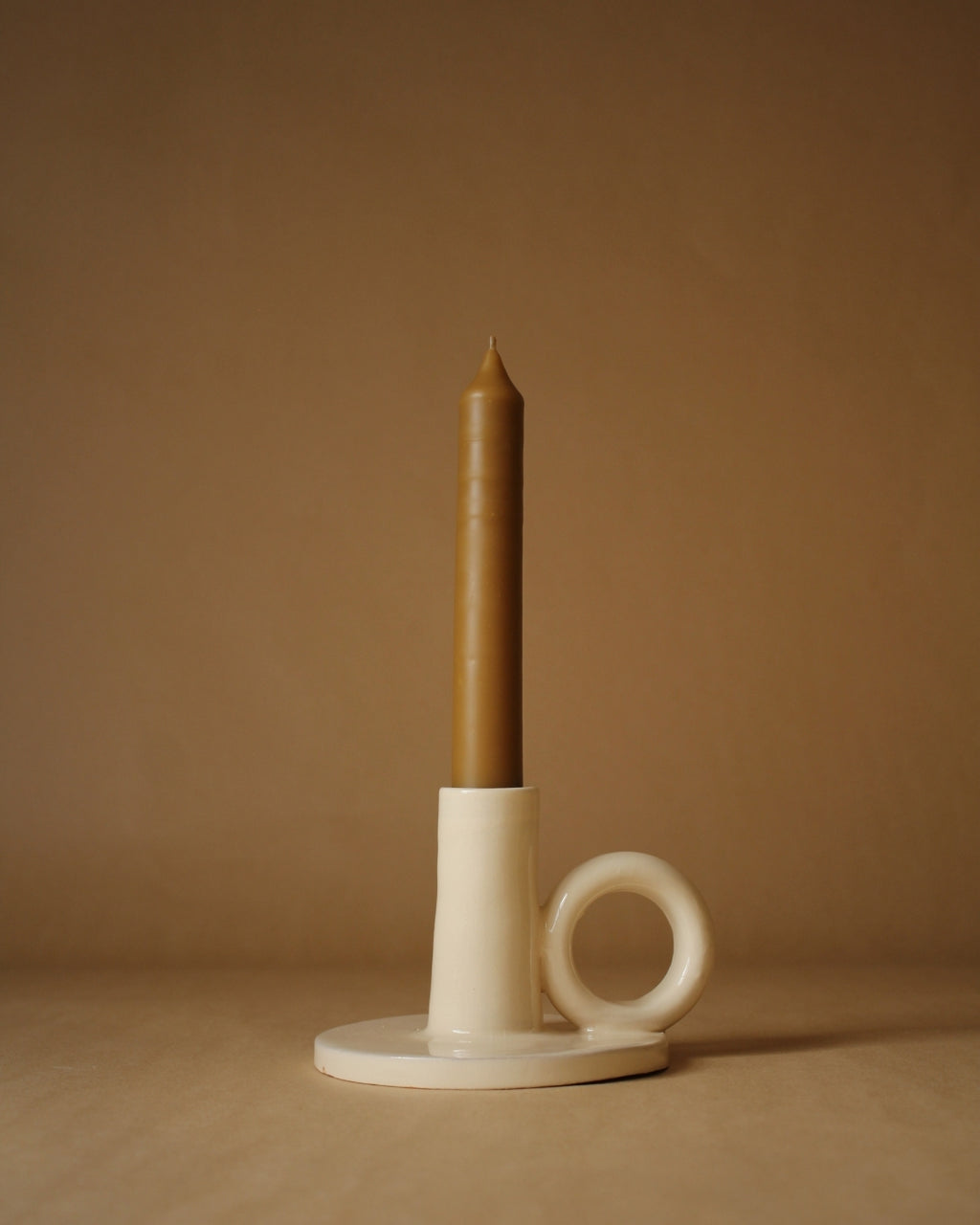 Contemporary Glazed Terracotta Taper Candle Holder with Ring Handle